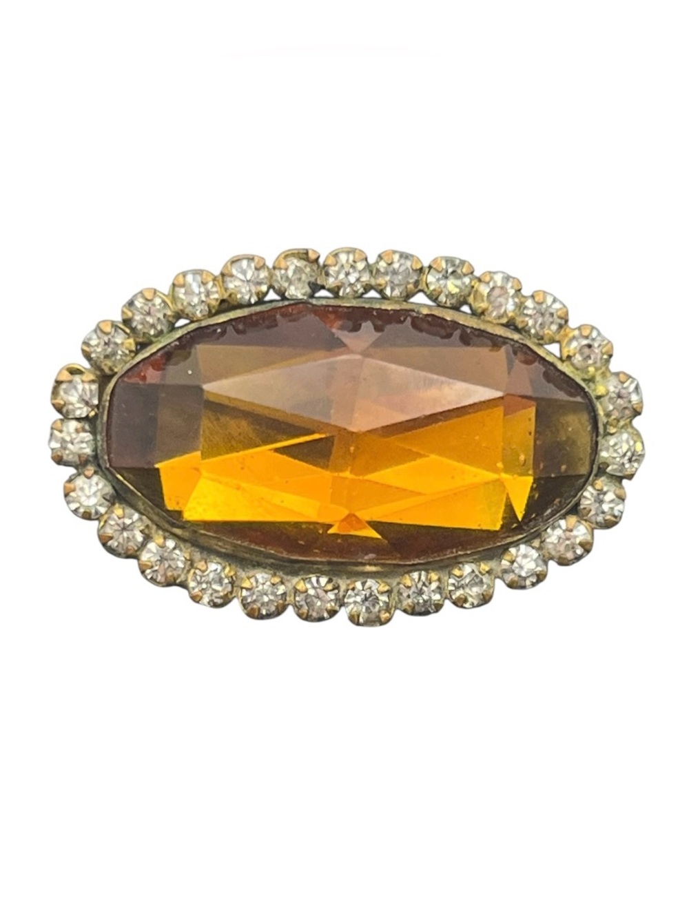 Antique c clasp amber colored faceted glass stone w clear rhinestones brooch pin